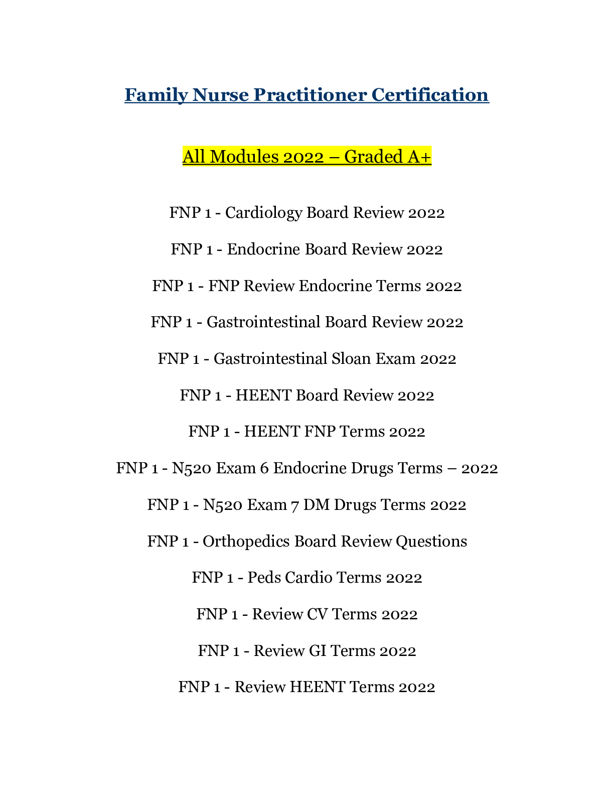 Preview image for Family Nurse Practitioner Certification Complete Edition_2022/2023 | All Modules Updated 2022_ALL PASSED